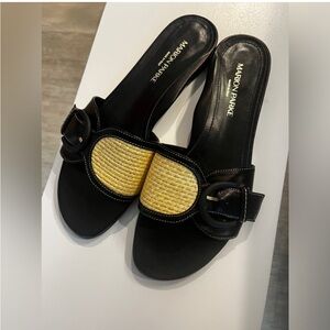 Black Leather Natural Straw Flats- Made in Italy